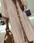 Stripe Leopard Trim 3/4 Sleeve Midi Shirt Dress