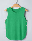 Solid Side Button Round Neck Sleeveless Knit Sweater