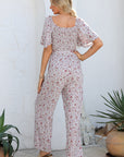Floral Smocked Short Sleeve Wide Leg Jumpsuit