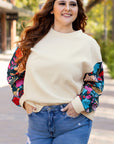 White Floral Patchwork Sleeve Textured Plus Size Pullover Top