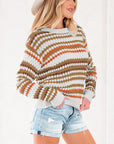 Stripe Eyelet Knit Drop Shoulder Sweater