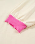 Pink Stripe Contrast Polo Collar Drop Shoulder Patchwork Plus Size Pullover