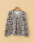 Leopard Contrast Scallop V-Neck Long Sleeve Blouse