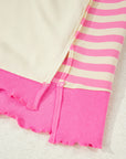 Pink Stripe Contrast Polo Collar Drop Shoulder Patchwork Plus Size Pullover