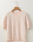 Bow Tie Pearl Embellished Dolman Short Sleeve Sweater