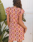 Geometric Floral V-Neck Button-Front Mini Dress