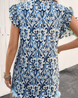 Abstract Boho V-Neck Pintuck Ruffle Sleeve Top