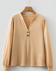 Solid V-Neck Button Long Sleeve Top