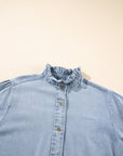 Chambray Ruffle Short Puff Sleeve Buttoned Shirt