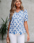 Geometric Tassel Tie V-Neck Short Sleeve Blouse