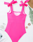 Solid Square Neck Tie Strap Open Back Swimsuit