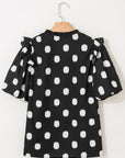Polka Dot Shirred Notched Neck Balloon Sleeve Blouse