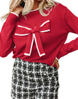 Bow Tie Contrast Trim Cropped Sweater