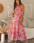Abstract Floral One-Shoulder Shirred Maxi Dress