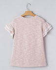 Stripe Lace Ruffle Short Sleeve Twill Blouse