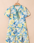 Floral Stripe Trim Puff Short Sleeve Dress