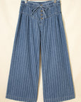 Stripe Buttoned High Waist Pleated Wide Leg Jeans
