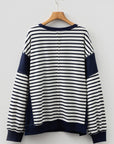 Blue Stripe Contrast Stitched Detail Color Block Patchwork Plus Size Sweatshirt