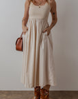 Solid Scoop Neck Ribbed Bodice Pleated Maxi Dress