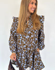 Floral Ruffle Shirt Collar Buttoned Long Sleeve Dress