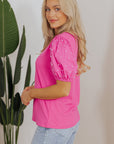 Ribbed Pearl Beaded Puff Sleeve Top