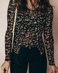 Black Floral Print Mesh Tank Button Front Slim Cardigan 2pcs Set