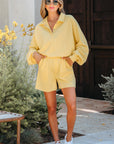 Solid Buttoned Collar Pullover & Shorts Set