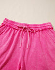 Mineral Wash Drawstring Elastic Waist Raw Edge Shorts