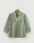Floral Patchwork Contrast V-Neck Puff Sleeve Blouse
