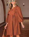 Alyssa Split Neck Scallop Detail Pleated Corduroy Mini Dress