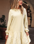 Solid Tiered Ruffle Hem Long Sleeve Dress
