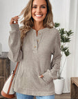 Solid Ribbed Knit Drop Shoulder Henley Top