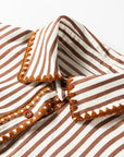 Stripe Embroidered Trim Ruffle Hem Collared Dress