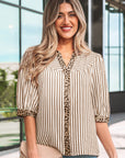 Stripe Leopard Trim V-Neck Buttoned Short Sleeve Shirt
