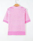 Stripe Bow Tie V-Neck Short Sleeve Sweater