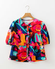 Floral Abstract Front Tie Puff Sleeve Blouse