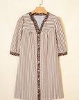 Stripe Leopard Trim 3/4 Sleeve Midi Shirt Dress