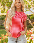 Stripe Ribbed Cap Sleeve Round Neck T-Shirt