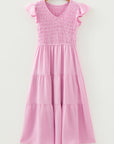Smocked V-Neck Flutter Sleeve Tiered Midi Dress