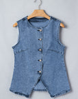 Western Denim Button Front Slit Sleeveless Vest