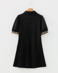 Leopard Patchwork Zip Collared Puff Sleeve Mini Dress