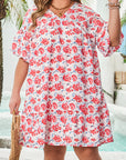 Plus Size Floral Ruffle 3/4 Sleeve V-Neck Dress