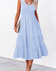 Shirred Pleated Square Neck Sleeveless Midi Dress