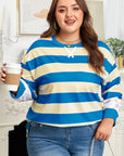 Blue Stripe Floral Color Block Drop Shoulder Plus Size Pullover Top