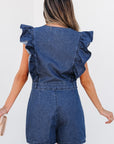 Denim Ruffle Sleeve Zip Front Belted Romper
