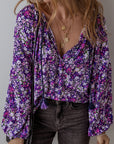 Boho Flower V-Neck Bubble Sleeve Top