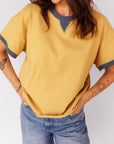 Contrast Trim Raw Hem Short Sleeve Top