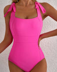 Solid Square Neck Tie Strap Open Back Swimsuit