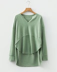 Solid V-Neck Raw Hem Long Sleeve Top