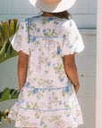 Celina Floral Striped Trim Tie Split Neck Mini Dress